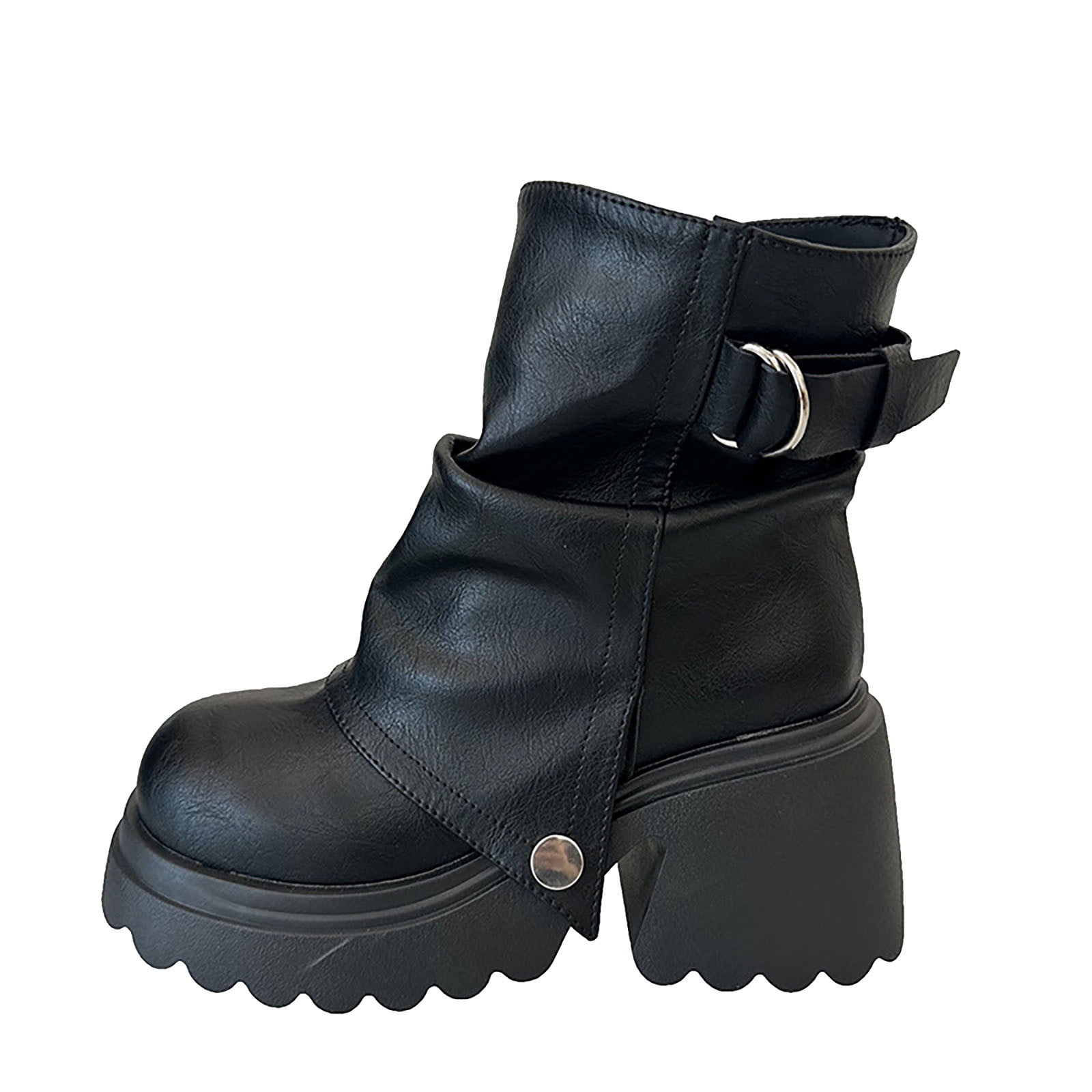 Black Women Square Toe Boots Martin Style Chunky Heel Black For Fall ...
