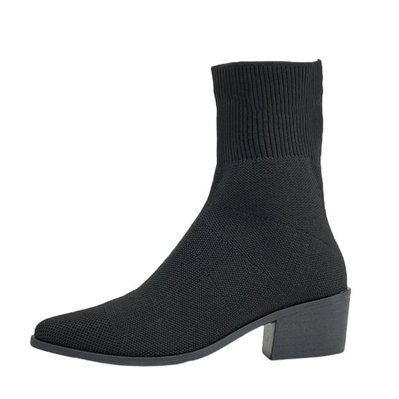 Black Women Stylish Casual Winter Temperament Commuting Thick Heeled Boots With Knitted Socks Boots Pointed Thick Heeled Shoes And Secure Design