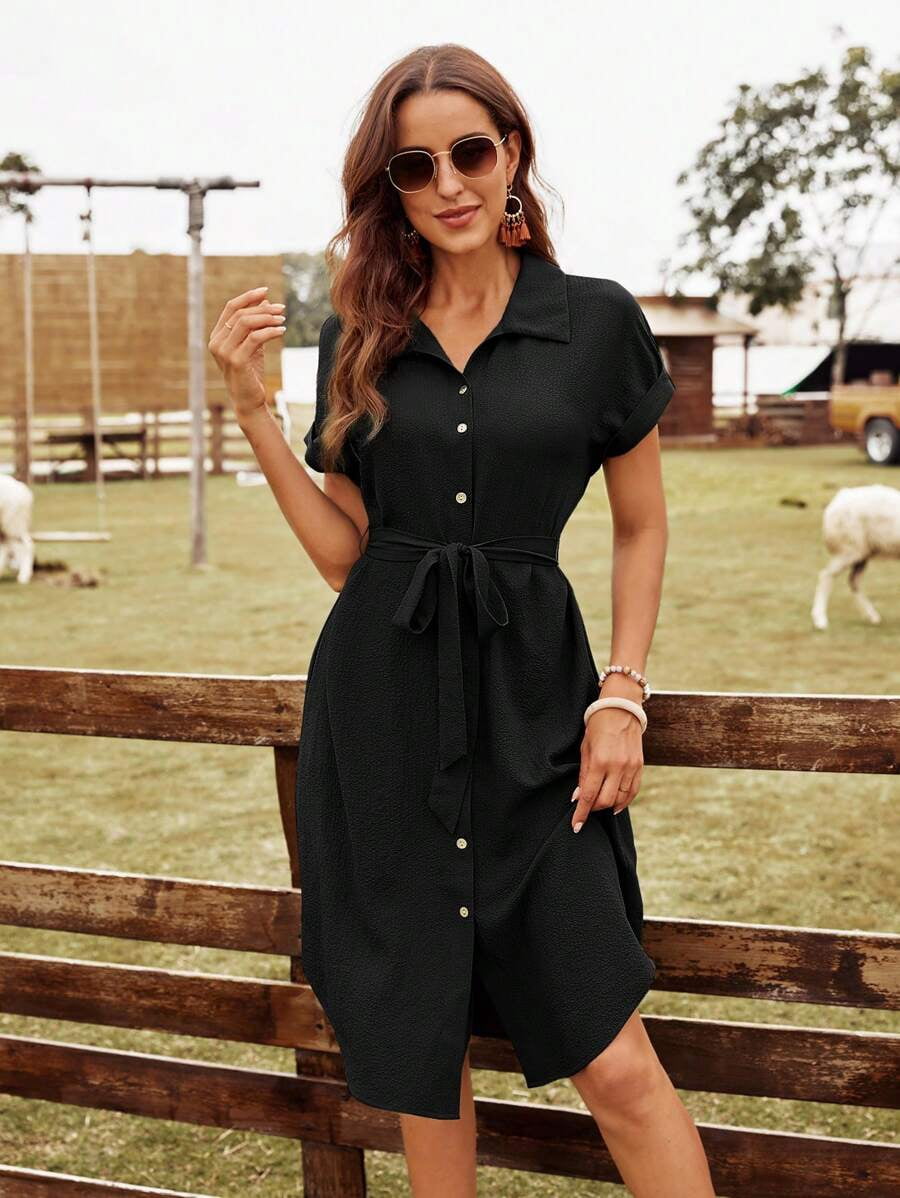 black dress with belt Cupshe Collared Front Button Midi cotton poplin One Shoulder Black Formal Size:22