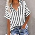 thumbnail image 1 of Black Women T Shirts Loose Fit, Spandex Blouses For Women Business Casual, Women Striped Button Down Shirts Cotton Linen Blouse Tops Short Sleeve Collar Guaze Shirt Trendy Vacation Work Clothes, 1 of 8