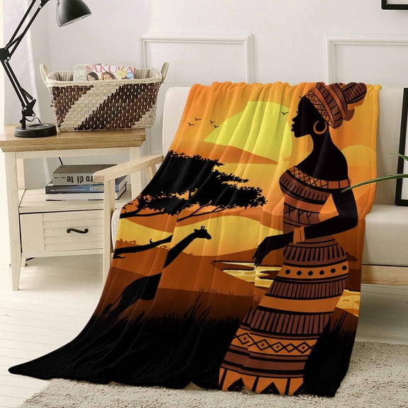 Black Women Throw Flannel Blanket 30x40In Africa Nation Giraffe Desert Sunset Super Soft Cozy Bed Blanket, Lightweight Plush Fuzzy Bed Throw for Bedroom Sofa Couch Living Room
