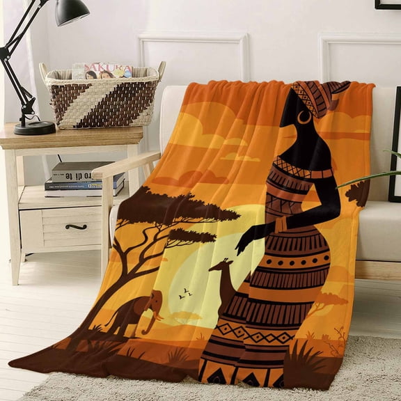 Black Women Throw Flannel Blanket 40x50In Africa Nation Elephant Giraffe Desert Sunset Super Soft Cozy Bed Blanket, Lightweight Plush Fuzzy Bed Throw for Bedroom Sofa Couch Living Room