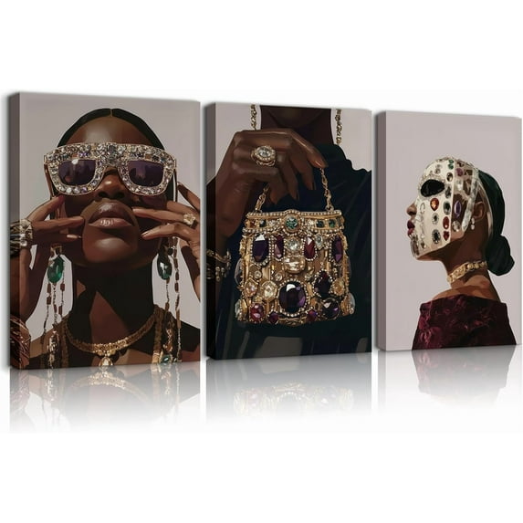 Black Women Wall Art African American Wall Decor Trendy Girl Poster Print Black Gold Female Room Painting Picture for Bedroom Living Room Unframed