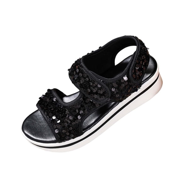 Black Women Wedge Heel Sandals, Casual Comfortable, Plus Size Solid Color Sequins Round Toe Open Toe Fashionable