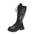 thumbnail image 1 of Black Women Winter Boots Knee High With Embroidery Lace Up Front Block Heel For Everyday Use, 1 of 9