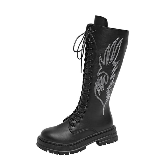 Black Women Winter Boots Knee High With Embroidery Lace Up Front Block Heel For Everyday Use