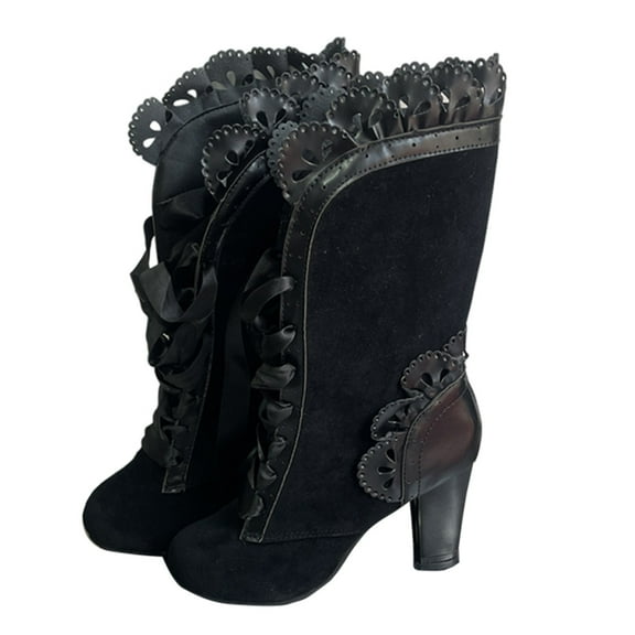 Black Women Winter Boots Pointed Toe Thick Heel Side Zipper High Knight Pu Upper Casual