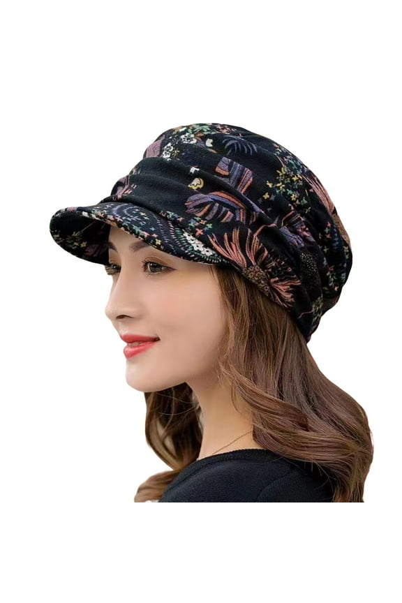 Black Women's Baseball Caps, Short Brim Warm Foldable Earflap Women Cap Ethnic Style Floral Print Autumn Winter Hat Daily Clothing,Women's Accessories Baseball Caps