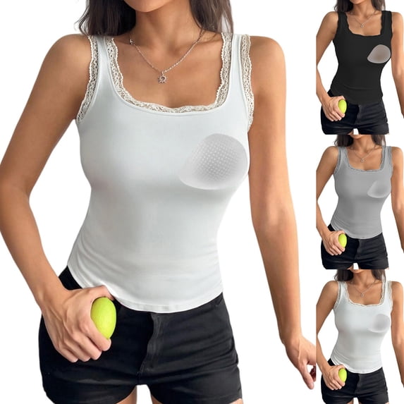 Black Women's Built in Bra Tank Top Ribbed Ribbed Lace Trim Tank Top Nylon,Spandex Sleeveless Casual Shirts Racerback Fitted Tank Tops Camisole Tops for Women L