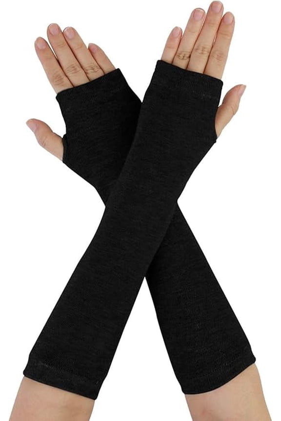 Black Women's Fingerless Gloves Printed Elbow Length Knitted Arm Warmers
