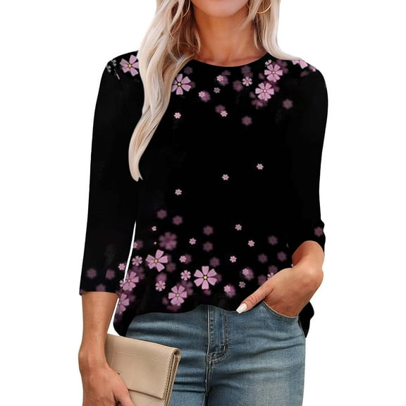 Black Women's Long Sleeve T-shirt, 3/4 Length Sleeve Womens Tops Round Neck Casual Tunic Tops Basic Pleated Shirts Loose Fit 2025,Women's Long sleeve T-shirt M