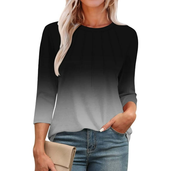 Black Women's Long Sleeve T-shirt, 3/4 Length Sleeve Womens Tops Round Neck Casual Tunic Tops Basic Pleated Shirts Loose Fit 2025,Women's Long sleeve T-shirt XL