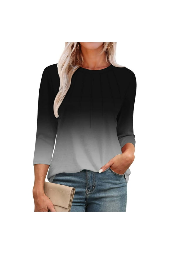 Black Women's Long Sleeve T-shirt, 3/4 Length Sleeve Womens Tops Round Neck Casual Tunic Tops Basic Pleated Shirts Loose Fit 2025,Women's Long sleeve T-shirt S