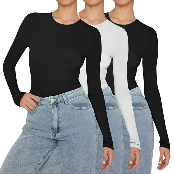 Black Women's Long Sleeve T-shirt, 3Pcs Women'S Solid Color Fashionable Casual Round Neck Long Sleeved Irregular T Shirt Top,Women's Long sleeve T-shirt M