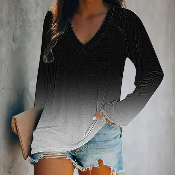 Black Women's Long Sleeve T-shirt, Women'S T Shirt Blend Printed Short Sleeved V Neck Top,Women's Long sleeve T-shirt XXL