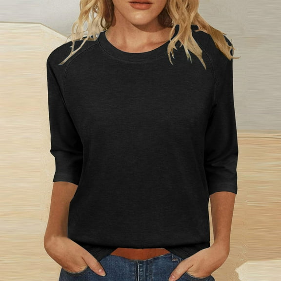 Black Women's Long Sleeve T-shirt, Womens Tops Casual 3/4 Sleeve Crew Neck Shirts Loose Fit Tunic Blouses Summer Tees,Women's Long sleeve T-shirt XXL