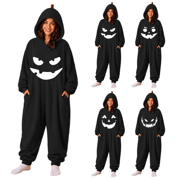 Black Women's Pajamas Plush Cosplay Pumpkin One Piece Pajs Polyester Hooded Design, Full Zip Closure, Plush Fleece Fabric, Adults Unisex, Halloween Costume 3XL