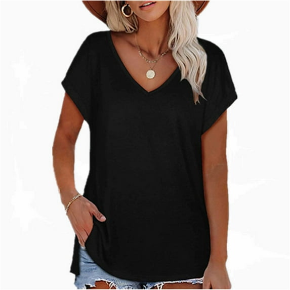 Black Women's Short Sleeve T-shirt, 2023 European And American Fashion Solid Color Slit V Neck Short Sleeved Ladies T Shirt,Women's Short sleeve T-shirt 5XL