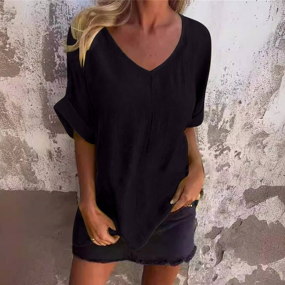 Black Women's Short Sleeve T-shirt, 3/4 Sleeve Shirts For Women Casual Loose V Neck Women Tops And Blouse 2025 New Spring Summer Trendy,Women's Short sleeve T-shirt XXL
