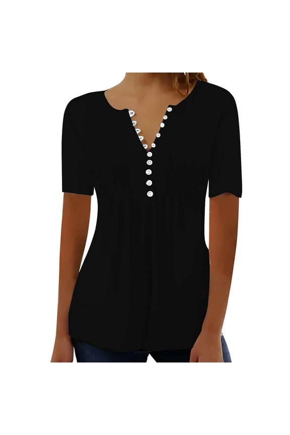 Short Sleeve Shirts for Women Casual Pleated Round Neck Button Open Loose T Shirt Top T Shirts for Women Black