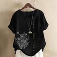thumbnail image 1 of Black Women's Short Sleeve T-shirt, Women'S Cotton Linen Shirts Summer Casual Boho Floral Short Sleeve Blouse Oversized Loose Ladies Tunic Tops,Women's Short sleeve T-shirt L, 1 of 4