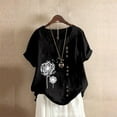 thumbnail image 1 of Black Women's Short Sleeve T-shirt, Women'S Cotton Linen Shirts Summer Casual Boho Floral Short Sleeve Blouse Oversized Loose Ladies Tunic Tops,Women's Short sleeve T-shirt 4XL, 1 of 6