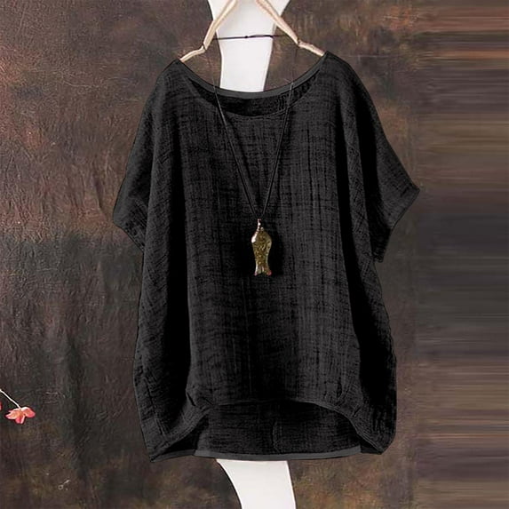 Black Women's Short Sleeve T-shirt, Women'S Summer Short Sleeve Solid Casual Loose Linen Top,Women's Short sleeve T-shirt L