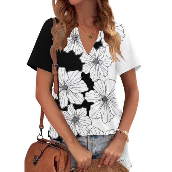 Black Women's Short Sleeve T-shirt, Womens Tops Summer Short Sleeve V Neck Blouses Business Casual Loose Fit Tshirts Trendy Fashion Outfits,Women's Short sleeve T-shirt S