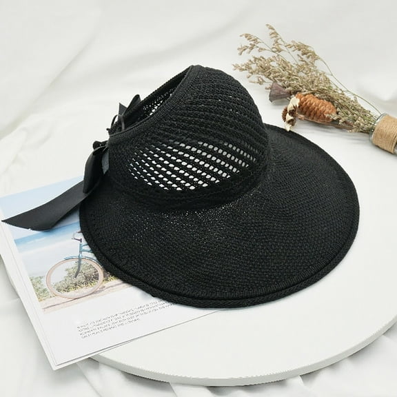 Black Women's Sun Hats, Foldable Wide Brim Straw Hats Sun Visors For Women Bow Beach Hat Summer,Women's Accessories Sun Hats
