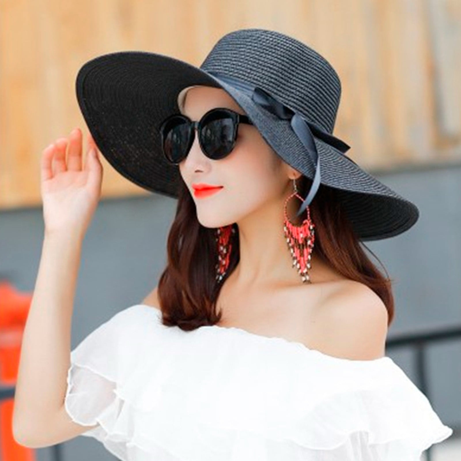 Black Women's Sun Hats, Women Big Brim Straw Hat Sun Floppy Wide Brim ...