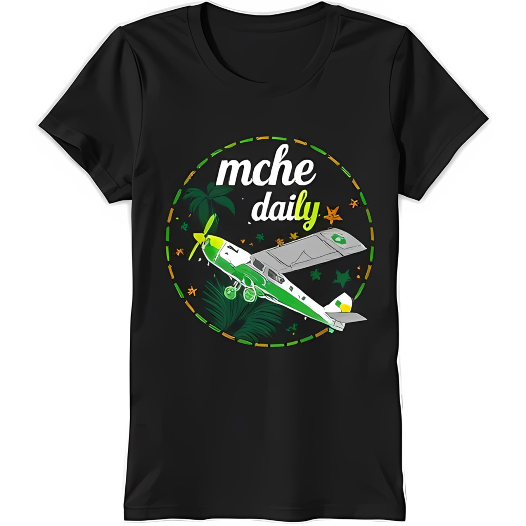 Black Women's T-Shirt with 'mche daily' Design Airplane Over Tropical ...