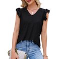 thumbnail image 1 of Black Women's V-Neck Ruffled Collar Short Sleeve T-Shirt, Hollowed Out Detail, Breathable Polyester, Perfect for Spring/Summer - Size S, 1 of 8