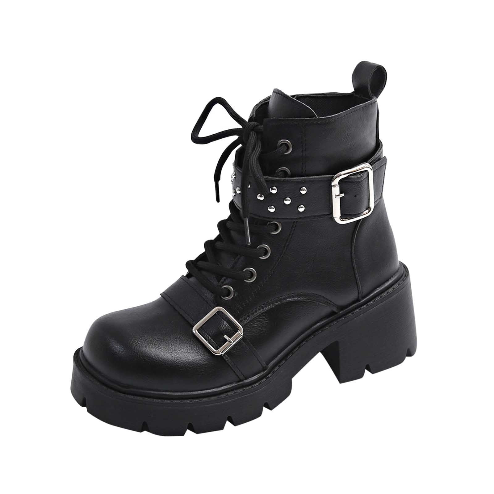 Black Womens Ankle Boots Motorcycle Style With Belt Buckle Round Toe ...
