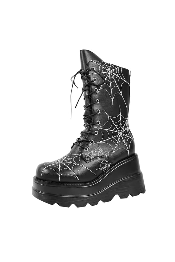 Black Womens Ankle Boots Wedge Heel Round Toe Platform Gothic Style Web Decor Slip On Winter Fashion Foot Length 9.25 Inches