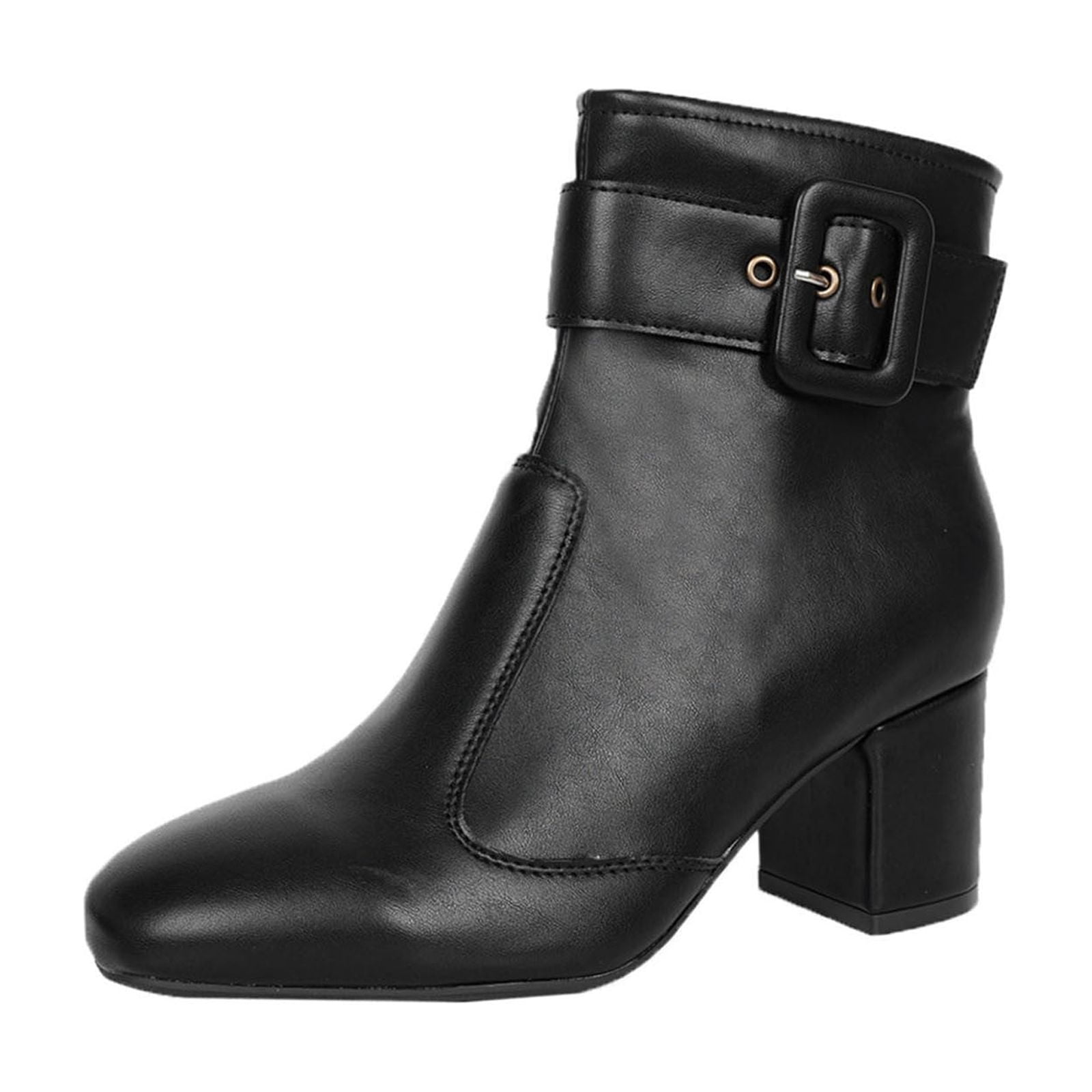 Black Womens Ankle Boots Winter Casual Short Boots Square Toe Side ...