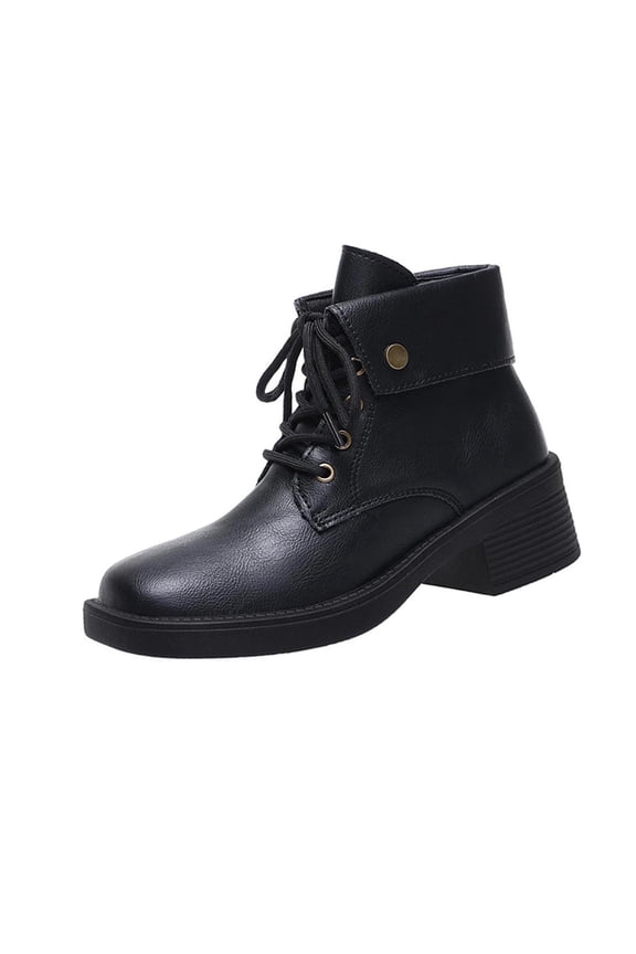 Black Womens Ankle Boots With Round Toe Front Laced Thick Heel Low Heel British Style Casual Wear Comfortable Design For Cold Weather Use Size 40