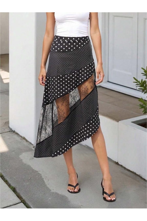 Black Womens Asymmetrical Midi Skirt With Polka Dot Print And Lace Panel Flowy Lightweight Skirt