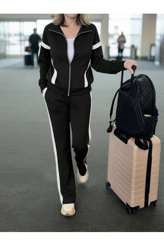 Black Womens Athleisure Track Suit Set: Full-Zip Jacket & Straight Leg