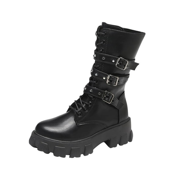 Black Womens Belt Buckle Boots With Lace-Up For Stylish Casual Wear And All-Day Comfort