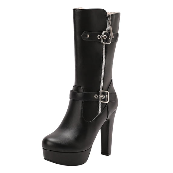 Black Womens Belt Buckle Boots With Solid Color And Platform Heel Mid Calf High Heel For Chic And Comfortable Wear