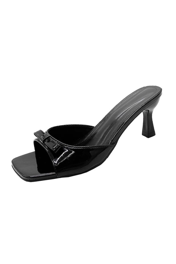 Black Womens Black Square Toe High Heel Sandals With Decorative Straps Fashion Casual Shoes For Summer Vacation