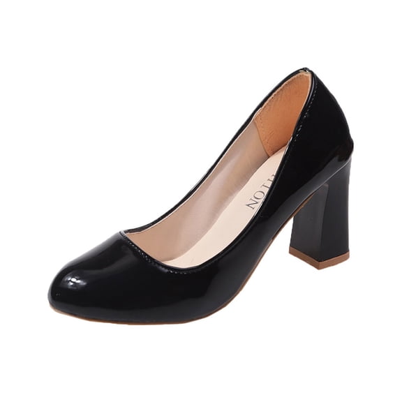 Black Womens Block Heel Slip-On Pumps With Round Toe For Summer Fashion And Comfortable Everyday Use