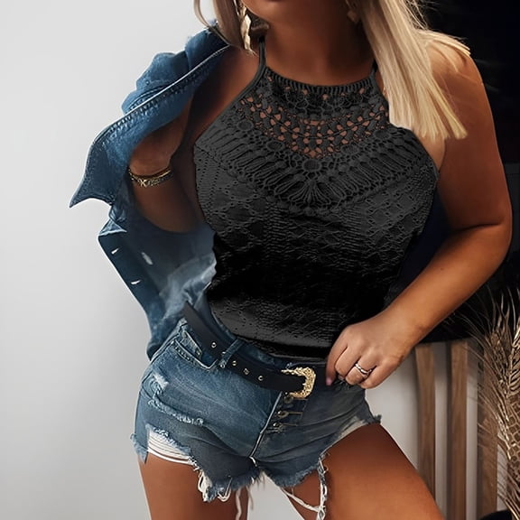 Black Womens Blouses 2025 New Summer Hollow Lace Sleeveless Solid Color Vest Ladies Tops and Blouses