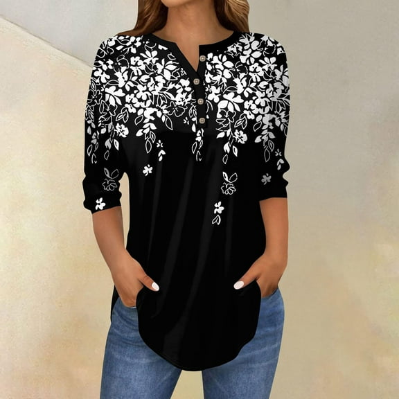 Black Womens Blouses 3/4 Length Sleeve Womens Tops 2025 Spring Neck Casual Print Tunic T Shirts Three Quarter Length Womens Tops Ladies Tops and Blouses
