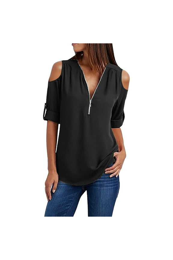 Black Womens Blouses Button Women Ladies Clothing Loose Shirt Chiffon Zipper Long Sleeves Plus Size Tops Cold Shoulder Top Summer Tops for Women