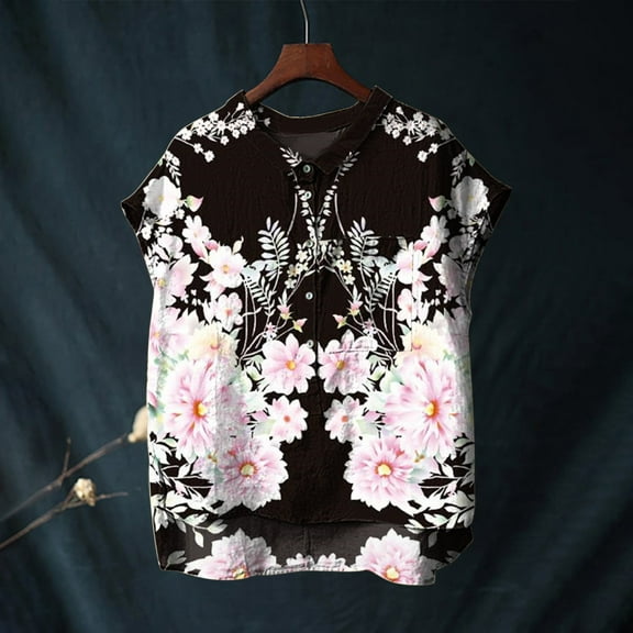 Black Womens Blouses Cute Tops for Women Collar Non Sleeve Linen Shirts Plus Size Floral Blouses Casual Summer Clothes Summer Tops for Women