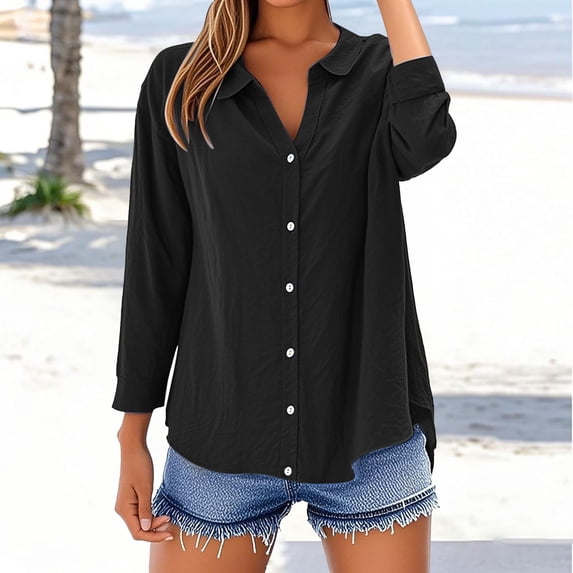 Black Womens Blouses Loose Shirt Top Stand Solid Color Long Sleeve Lapel Collar Casual Women's Shirt Women's Shirt Ladies Tops and Blouses
