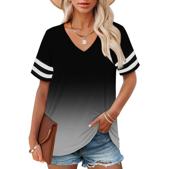 Black Womens Blouses Plus Size V Neck T Shirts Women Short Sleeve Tops Casual Summer Tshirts Loose Fit Tee Ladies Tops and Blouses