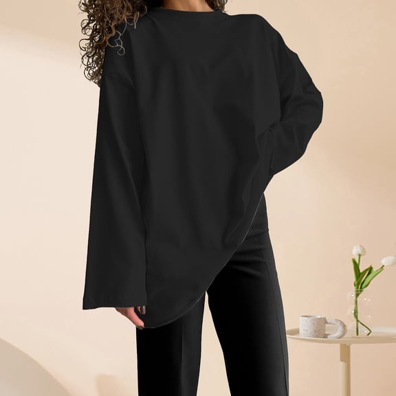 Black Womens Blouses Spring Women's Loose Solid Color Round Neck Pure Cotton Long Sleeve T Shirt Ladies Tops and Blouses