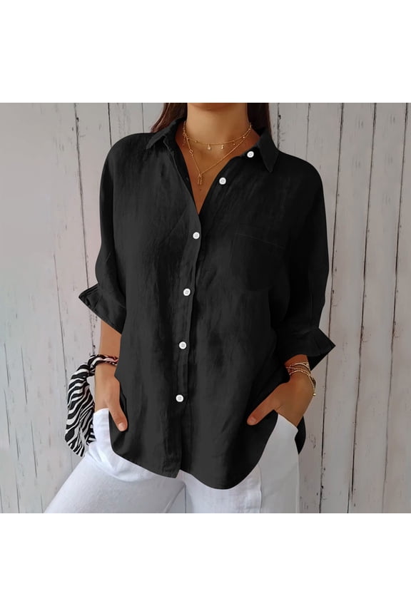Black Womens Blouses Women Button Down Shirts Cotton Linen Blouse Tops Long Sleeve Collar Shirt Tunic Loose Fit Fashion Trendy Clothes Summer Tops for Women
